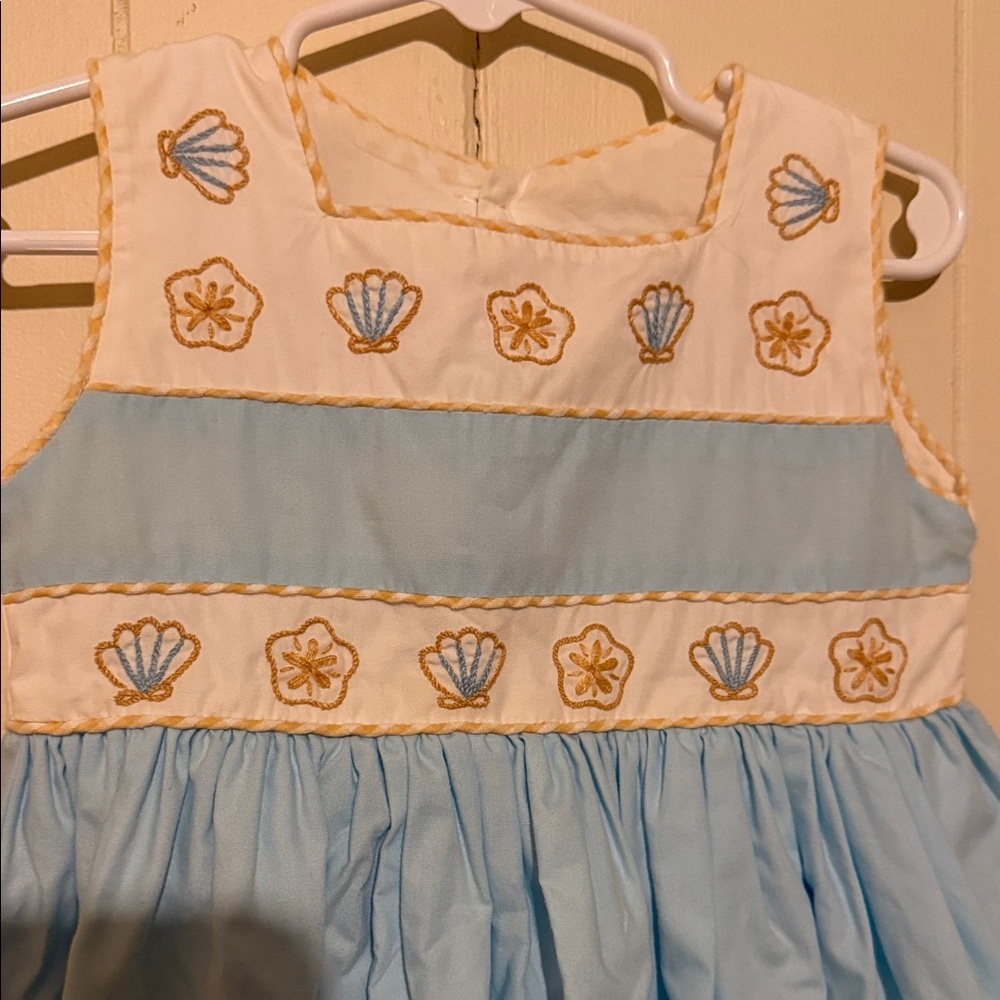 Embroidered Shells Light Blue & Cream Girls Dress - Picture 2 of 5